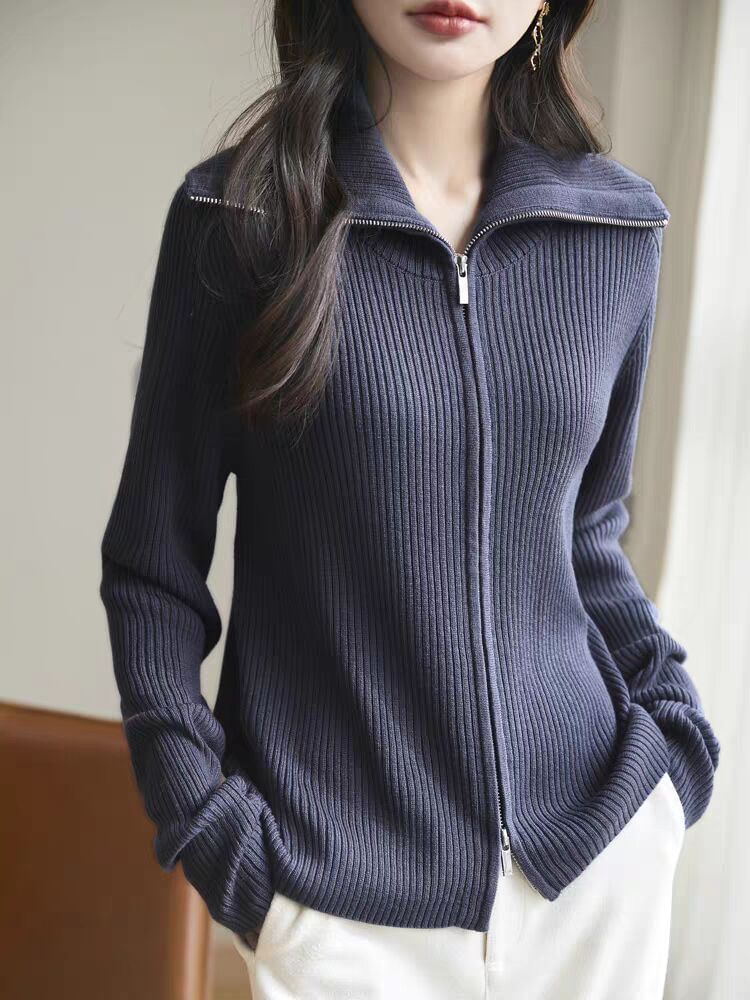 Collared Plain Ribbed Knit Zip Cardigan