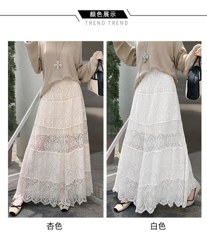 Elastic Waist Tiered Lace Maxi Skirt