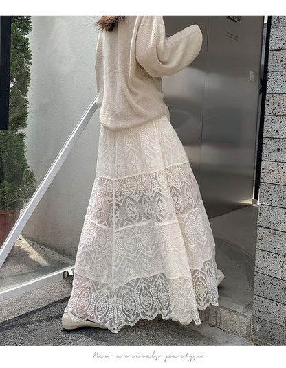 Elastic Waist Tiered Lace Maxi Skirt