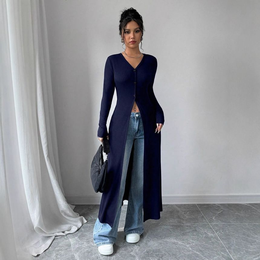 Long Sleeve V-Neck Plain Long Light Cardigan