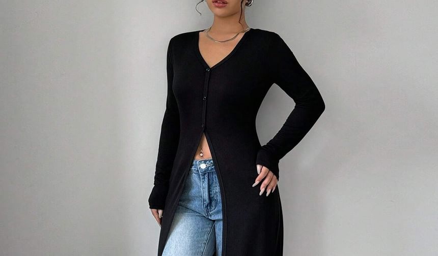 Long Sleeve V-Neck Plain Long Light Cardigan
