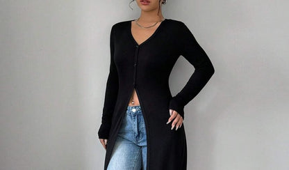 Long Sleeve V-Neck Plain Long Light Cardigan