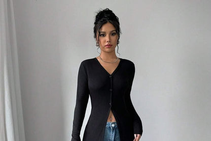 Long Sleeve V-Neck Plain Long Light Cardigan