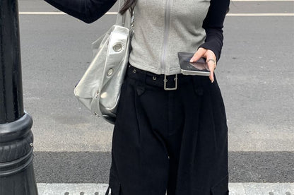 Mock Neck Two Tone Zip-Up Cardigan