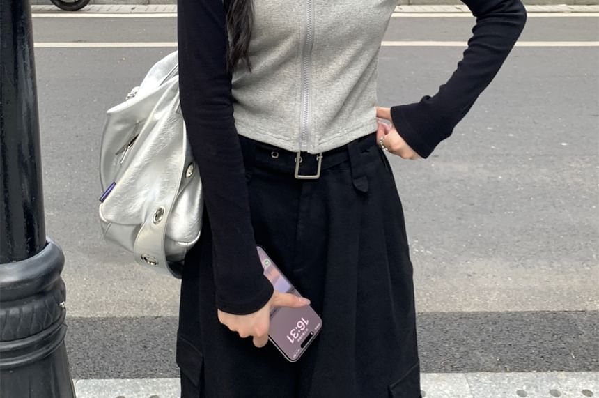 Mock Neck Two Tone Zip-Up Cardigan