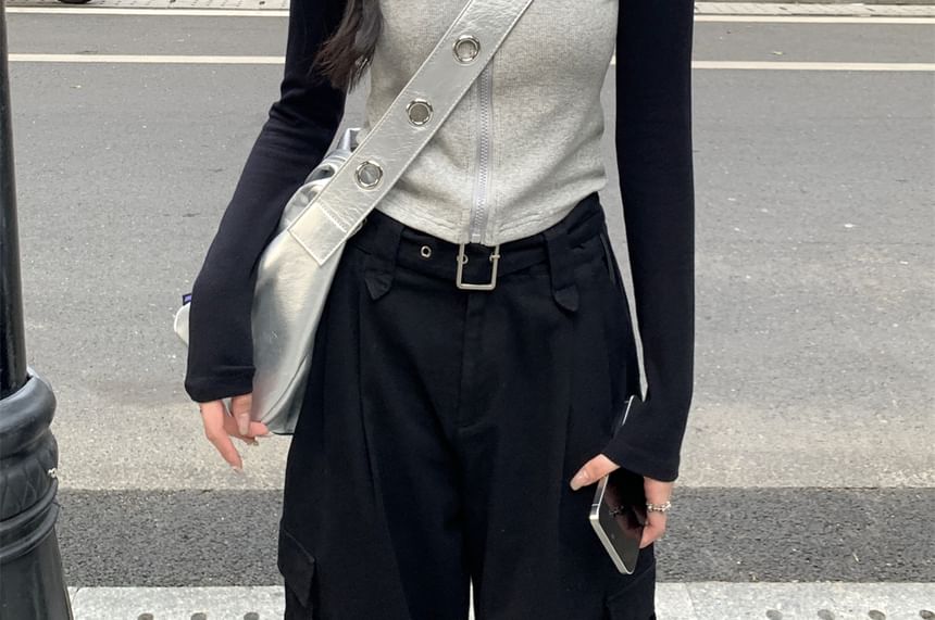 Mock Neck Two Tone Zip-Up Cardigan