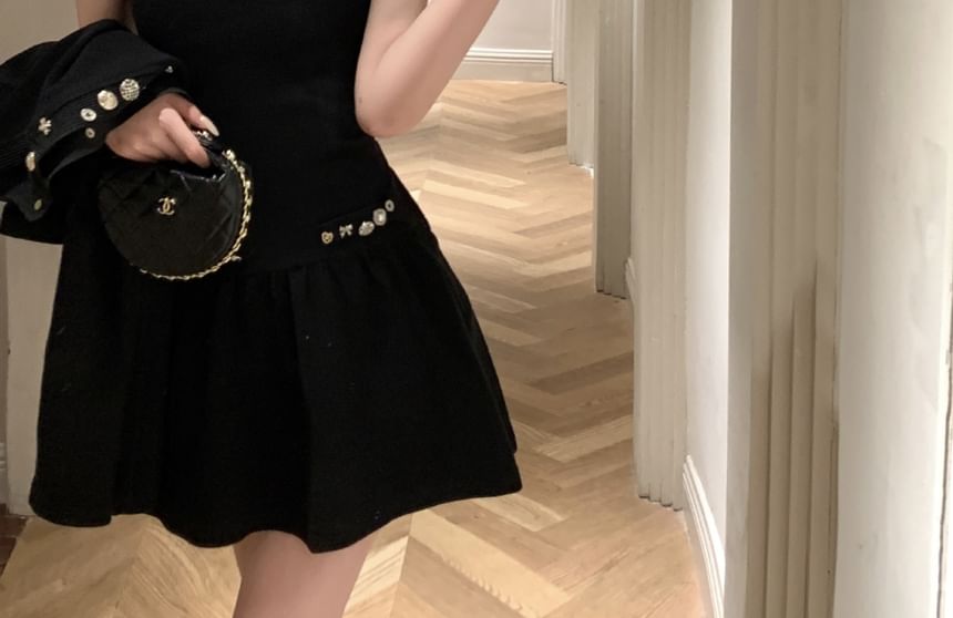 Sleeveless Square Neck Mini A-Line Dress with Cardigan