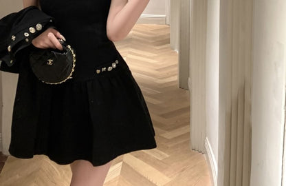 Sleeveless Square Neck Mini A-Line Dress with Cardigan