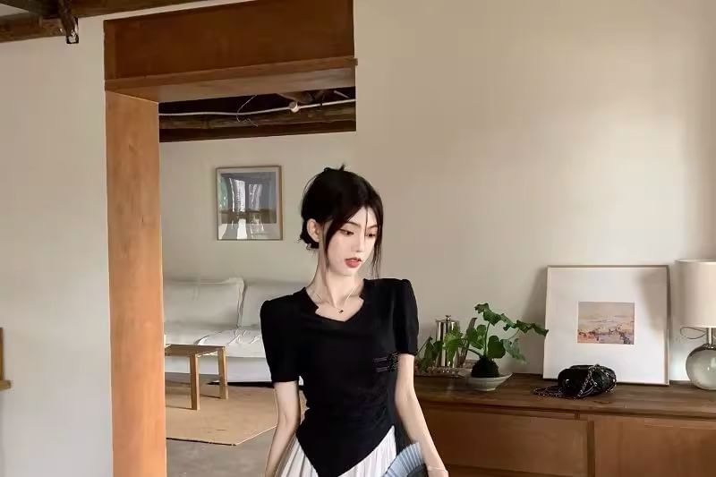 Slim Fit Tee with Asymmetric Hem, Short Sleeved, Midi A-Line Skirt Set