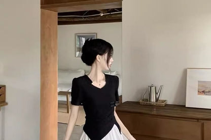 Slim Fit Tee with Asymmetric Hem, Short Sleeved, Midi A-Line Skirt Set
