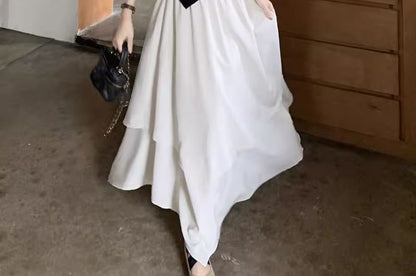 Slim Fit Tee with Asymmetric Hem, Short Sleeved, Midi A-Line Skirt Set
