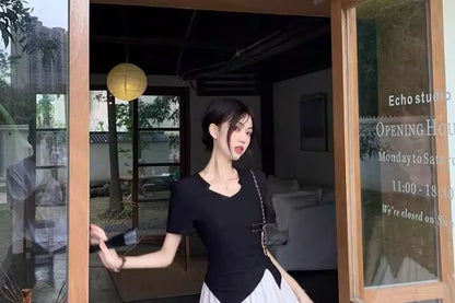Slim Fit Tee with Asymmetric Hem, Short Sleeved, Midi A-Line Skirt Set