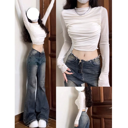 Mock-Neck Ruched Long-Sleeved Slim Cropped Tee