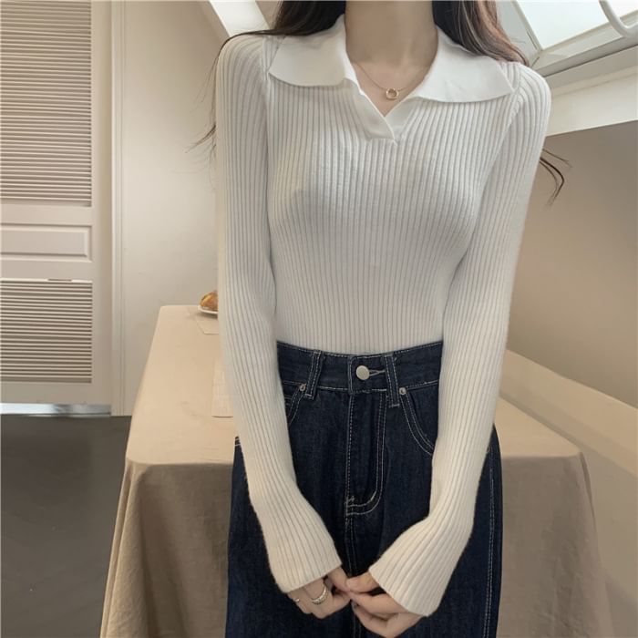 Ribbed Knit Polo Shirt with V-Neck, Long Sleeved, Solid Color