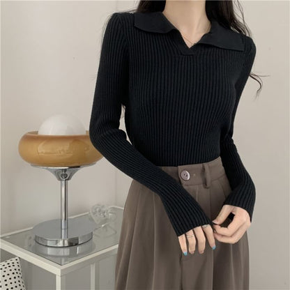 Ribbed Knit Polo Shirt with V-Neck, Long Sleeved, Solid Color
