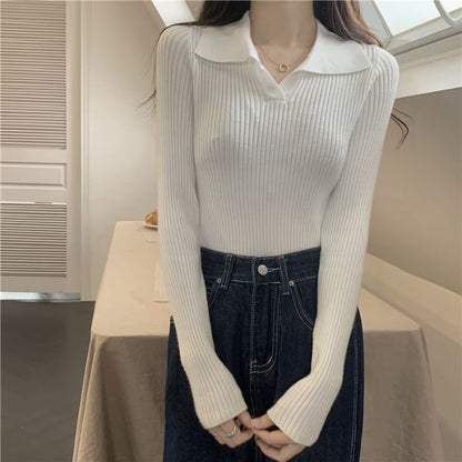 Ribbed Knit Polo Shirt with V-Neck, Long Sleeved, Solid Color