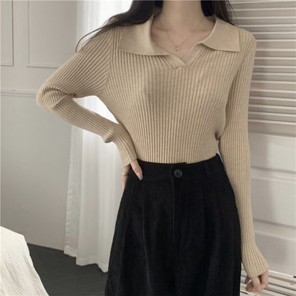 Ribbed Knit Polo Shirt with V-Neck, Long Sleeved, Solid Color