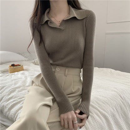 Ribbed Knit Polo Shirt with V-Neck, Long Sleeved, Solid Color