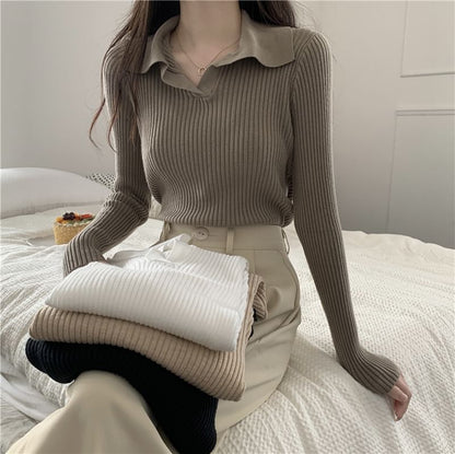 Ribbed Knit Polo Shirt with V-Neck, Long Sleeved, Solid Color