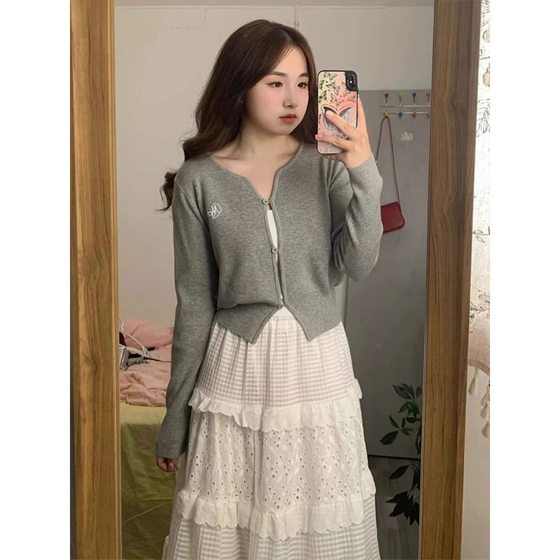 Notch Neck Melange Cardigan / Elastic Waist Plain Eyelet Tiered Midi A-Line Skirt