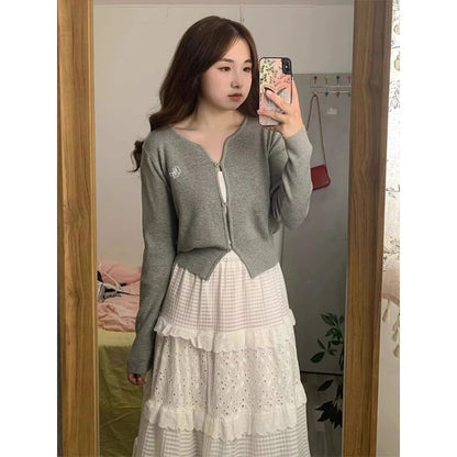 Notch Neck Melange Cardigan / Elastic Waist Plain Eyelet Tiered Midi A-Line Skirt