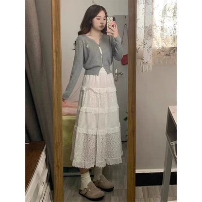 Notch Neck Melange Cardigan / Elastic Waist Plain Eyelet Tiered Midi A-Line Skirt