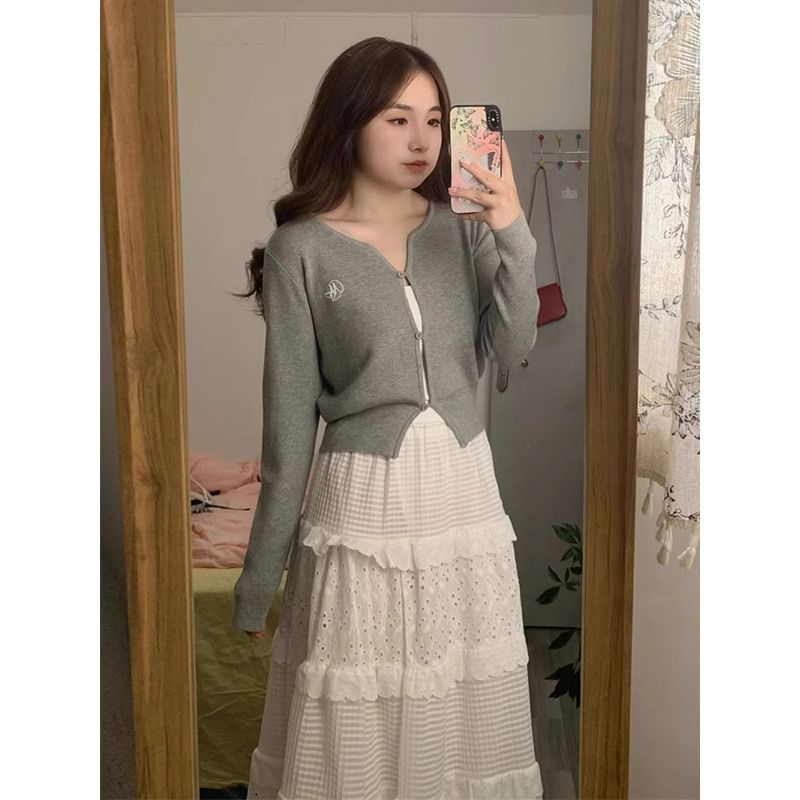 Notch Neck Melange Cardigan / Elastic Waist Plain Eyelet Tiered Midi A-Line Skirt