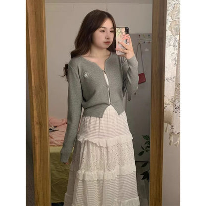 Notch Neck Melange Cardigan / Elastic Waist Plain Eyelet Tiered Midi A-Line Skirt