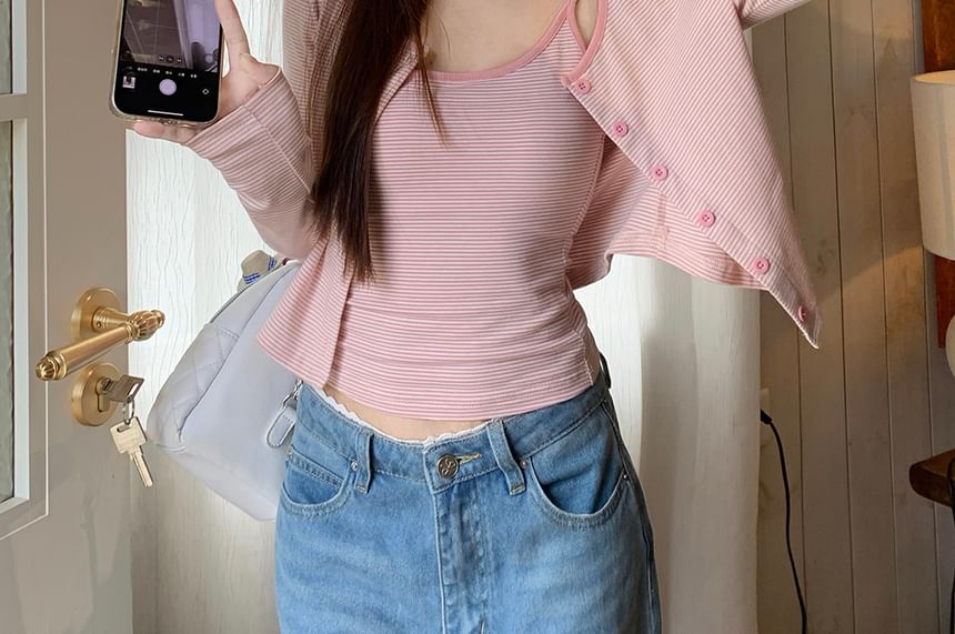 Striped Round Neck Camisole Cardigan Top