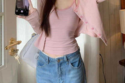 Striped Round Neck Camisole Cardigan Top