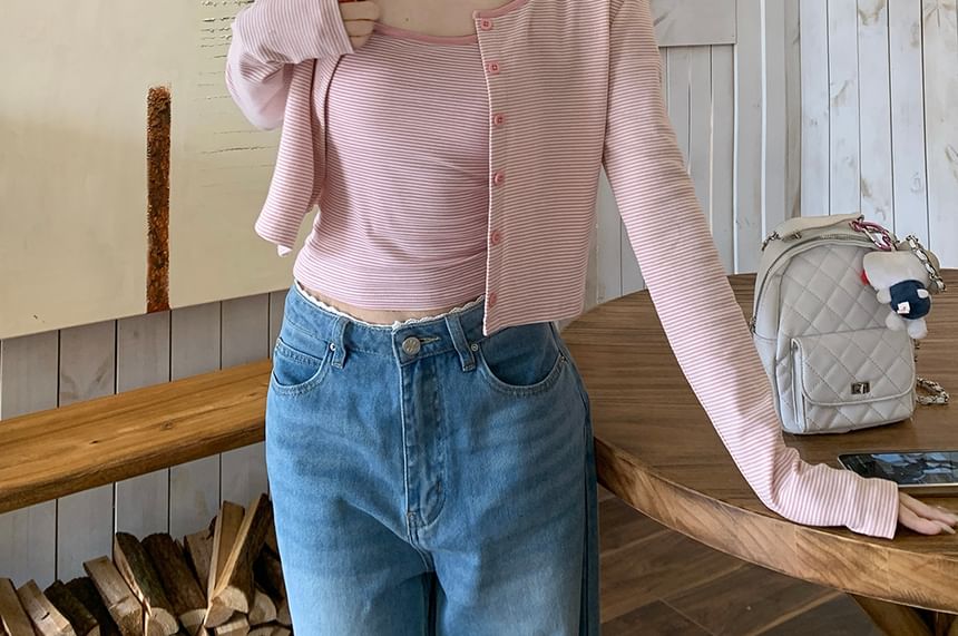 Striped Round Neck Camisole Cardigan Top