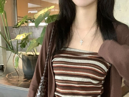 Set: Striped Tie-Up Tube Top + Plain Cardigan