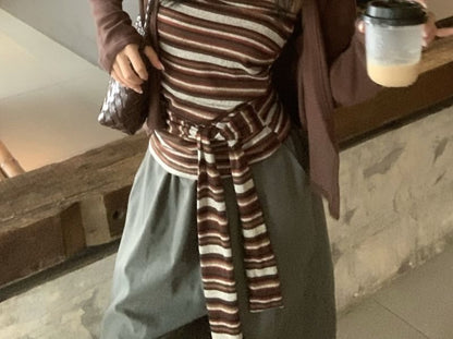 Set: Striped Tie-Up Tube Top + Plain Cardigan