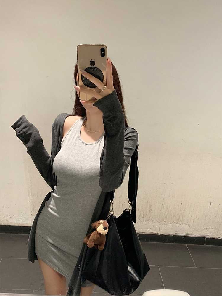 Open Front Cardigan and Halter Neck Mini Sheath Dress