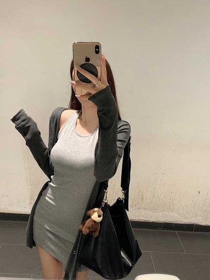 Open Front Cardigan and Halter Neck Mini Sheath Dress