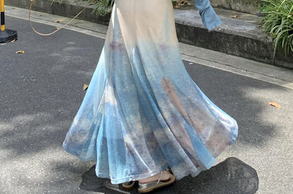 Spaghetti Strap Tie Dye Ruffle Maxi Sundress / Plain Lettuce Edge Cardigan / Set