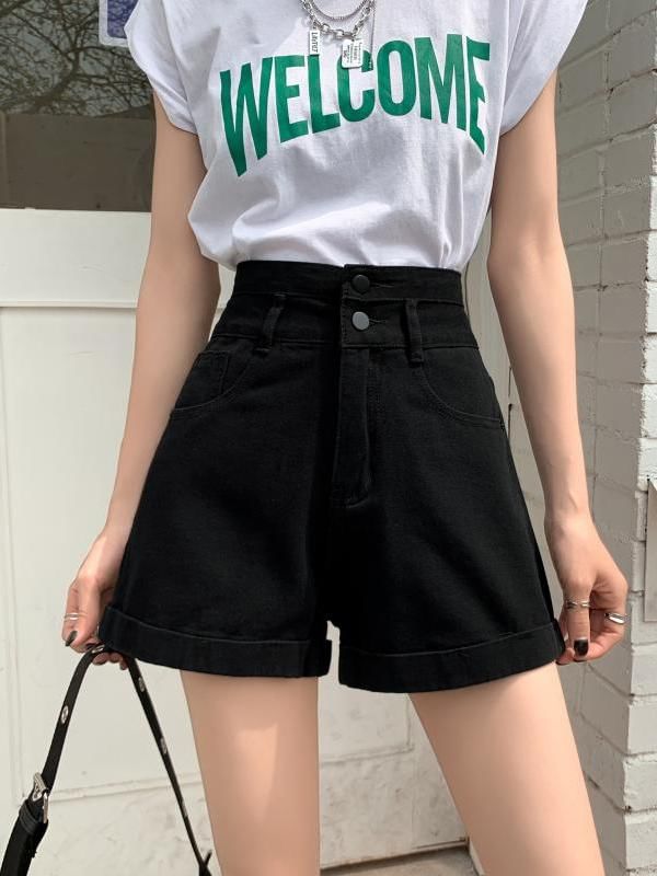 High Waist Roll Up Hem Denim Shorts