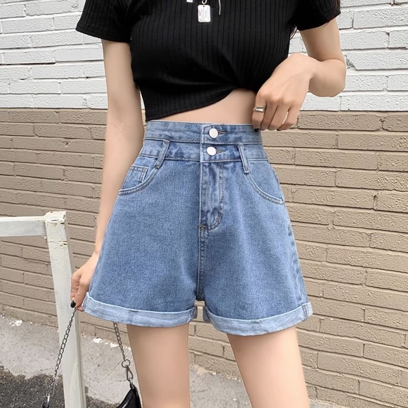 High Waist Roll Up Hem Denim Shorts