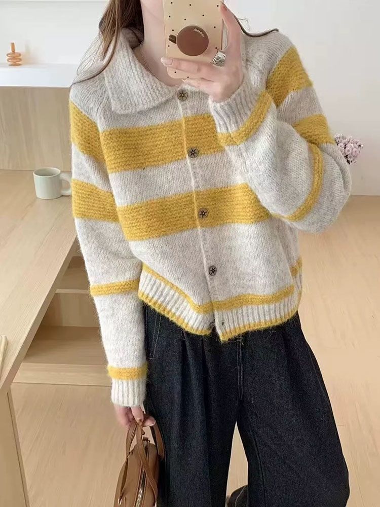 Collared Striped Button-Up Cardigan