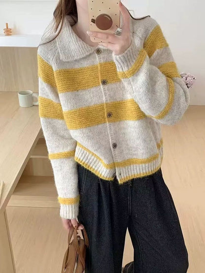Collared Striped Button-Up Cardigan