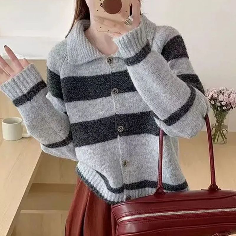 Collared Striped Button-Up Cardigan