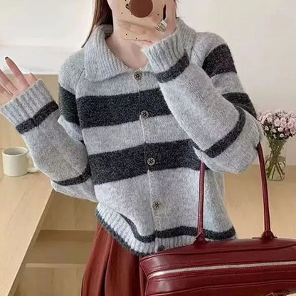 Collared Striped Button-Up Cardigan