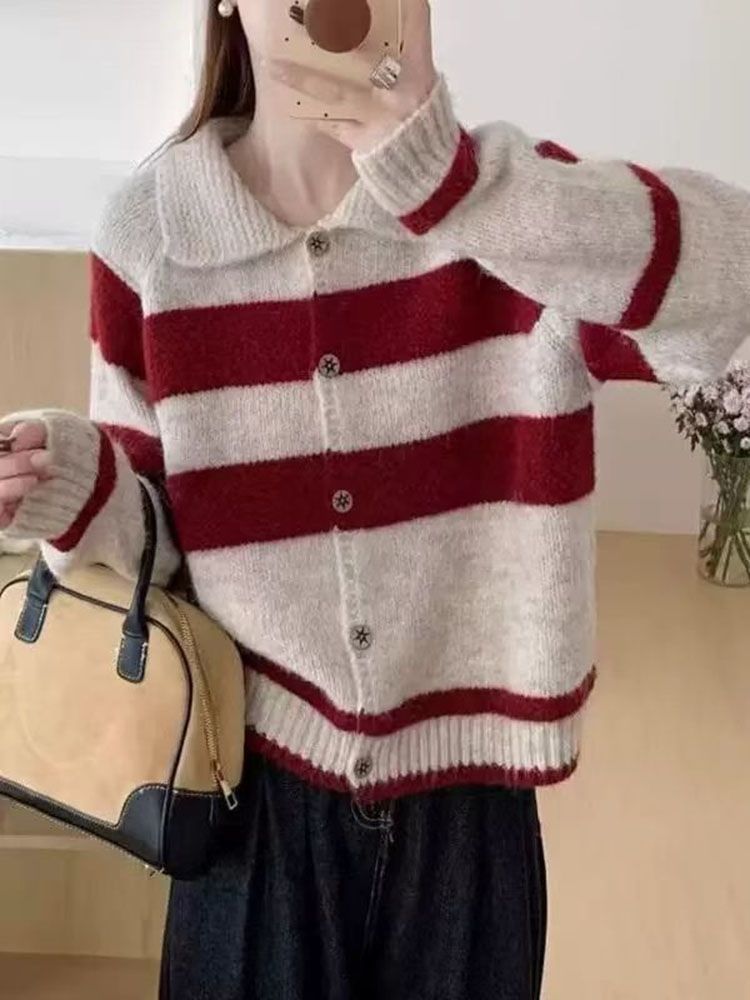 Collared Striped Button-Up Cardigan