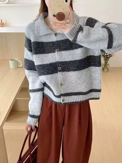Collared Striped Button-Up Cardigan