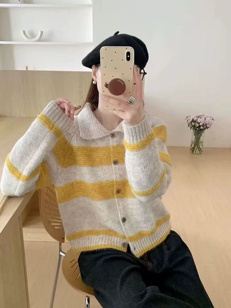 Collared Striped Button-Up Cardigan
