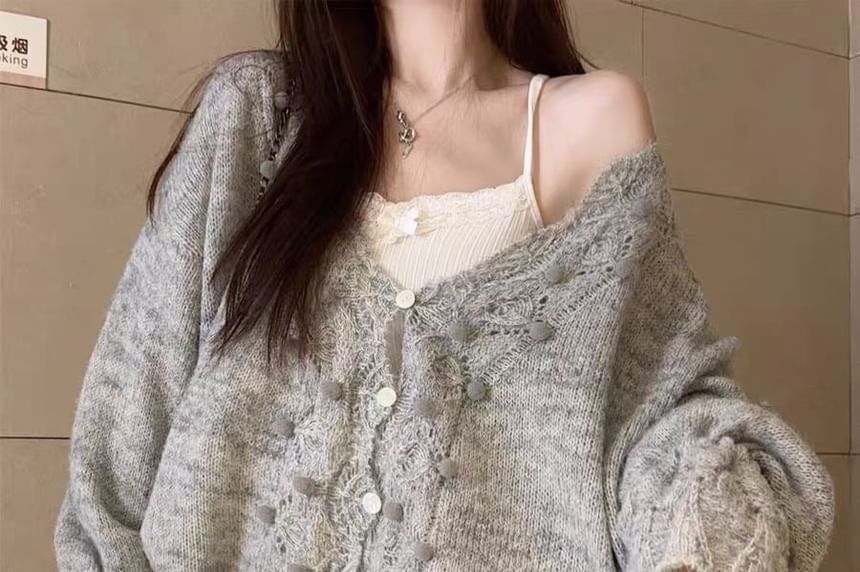 Beaded V-Neck Plain Cardigan