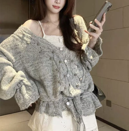 Beaded V-Neck Plain Cardigan