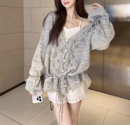 Beaded V-Neck Plain Cardigan