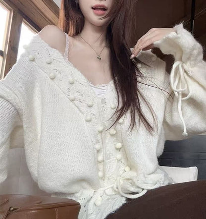 Beaded V-Neck Plain Cardigan