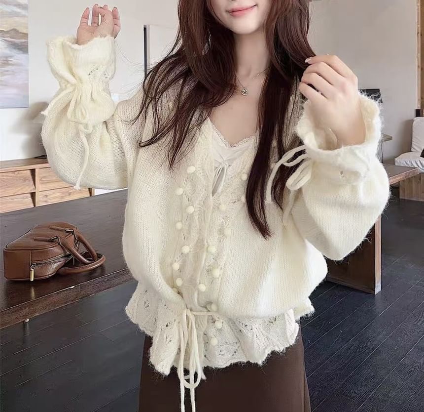 Beaded V-Neck Plain Cardigan